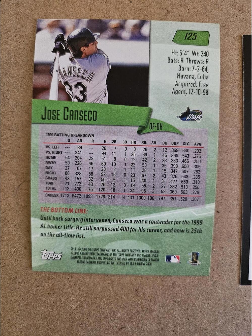 2000 Topps Stadium Club #125 Jose Canseco NM-MT - Picture 2 of 2